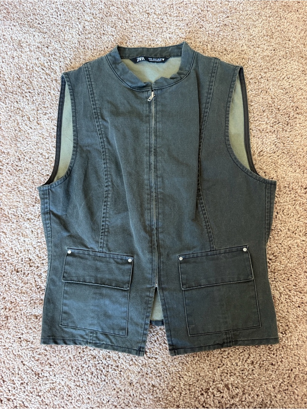 Zara Olive Green Utility Vest with Front Zip